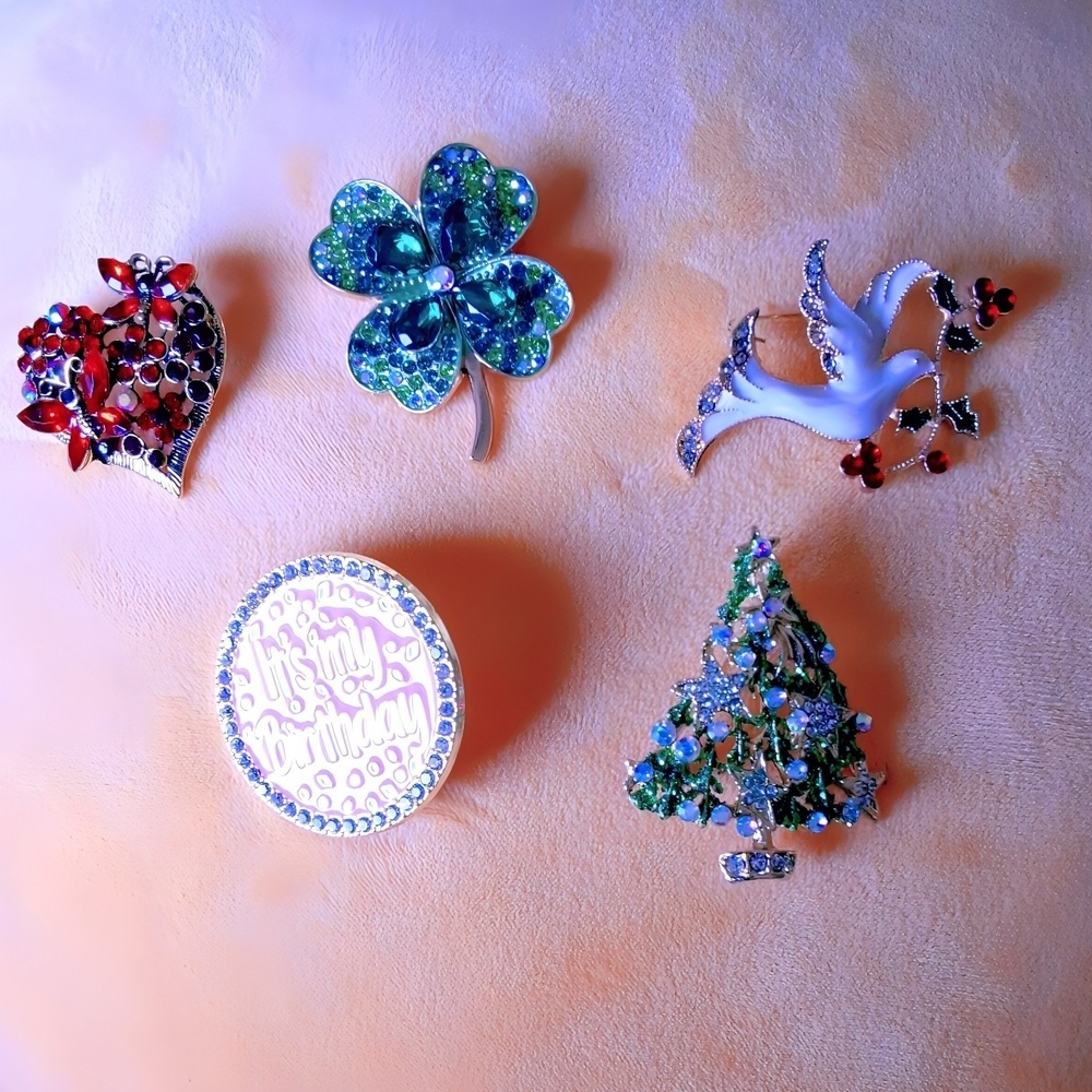 Holiday Themed Rhinestone Brooches - Set of 5